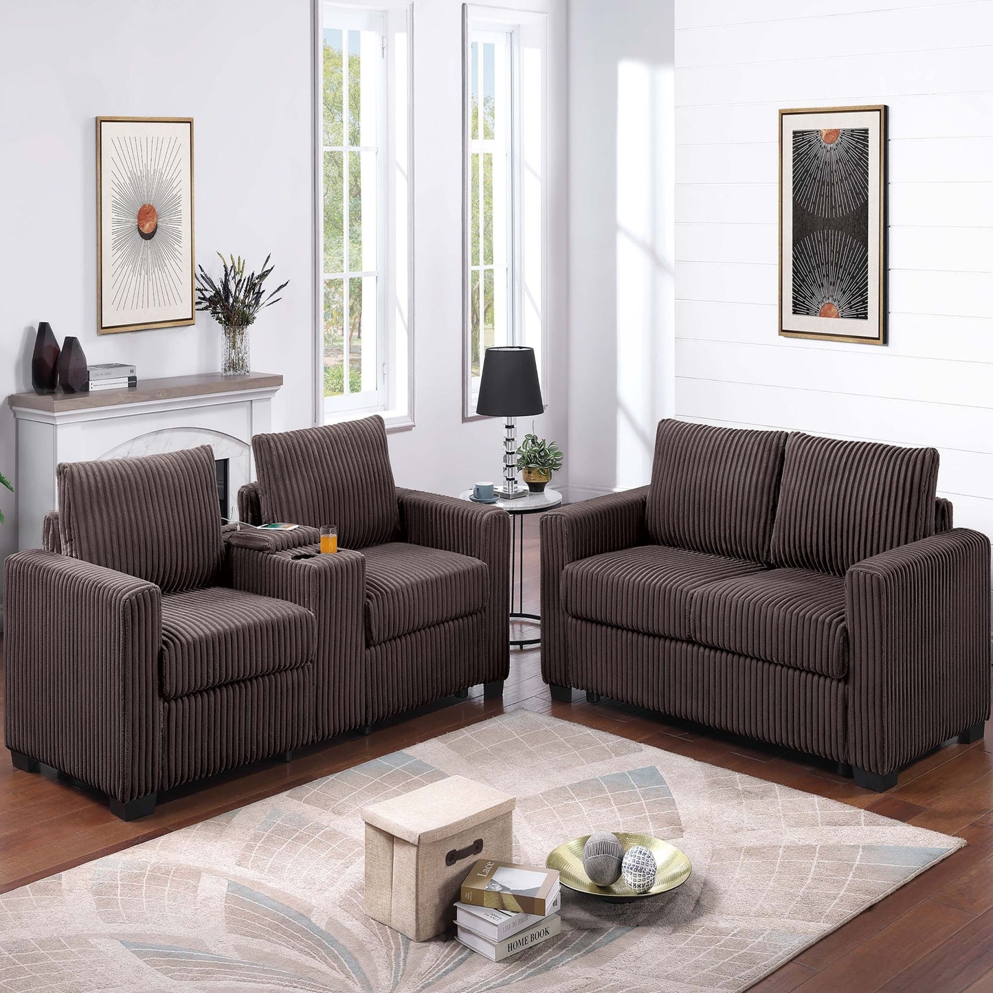 Modern Style 2 Piece Sofa Set With Cup Holders & Charging Port