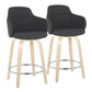 Erylis - Set of 2 - 24" Contemporary Swivel Counter Stools in Dark Grey Fabric with Natural Wood Base and Chrome Footrest