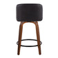 Taldon - Set of 2 - 24" Mid-Century Modern Fixed-Height Swivel Counter Stools – Walnut Wood & Black Faux Leather, Round Metal Footrest