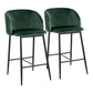 Fitzroy - Set of 2 - 24" Green Velvet Fixed-Height Counter Stools with Pleated Backrest and Black Metal Legs