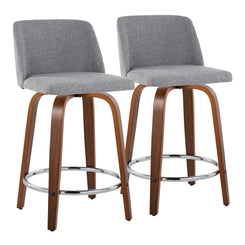 Hendrix - Set of 2 - 26" Walnut Wood Counter Stools with Grey Fabric Swivel Seats and Chrome Footrest