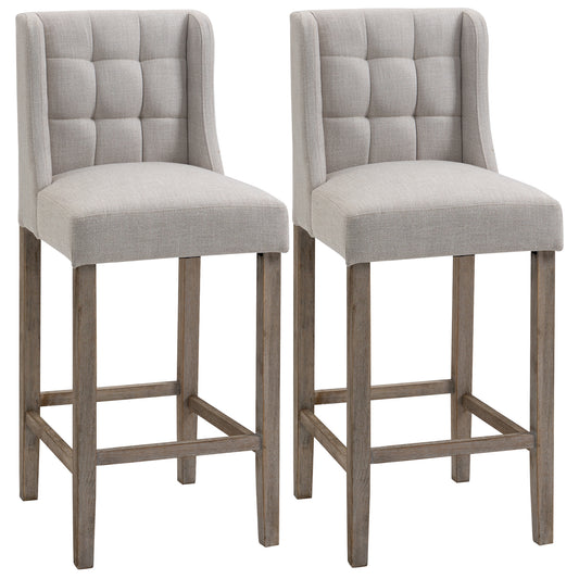 Pluvia - Set of 2 - 31" Beige Tufted Bar Stools, Upholstered Pub Chairs with Rubber Wood Legs, Modern Design for Kitchen & Dining Room