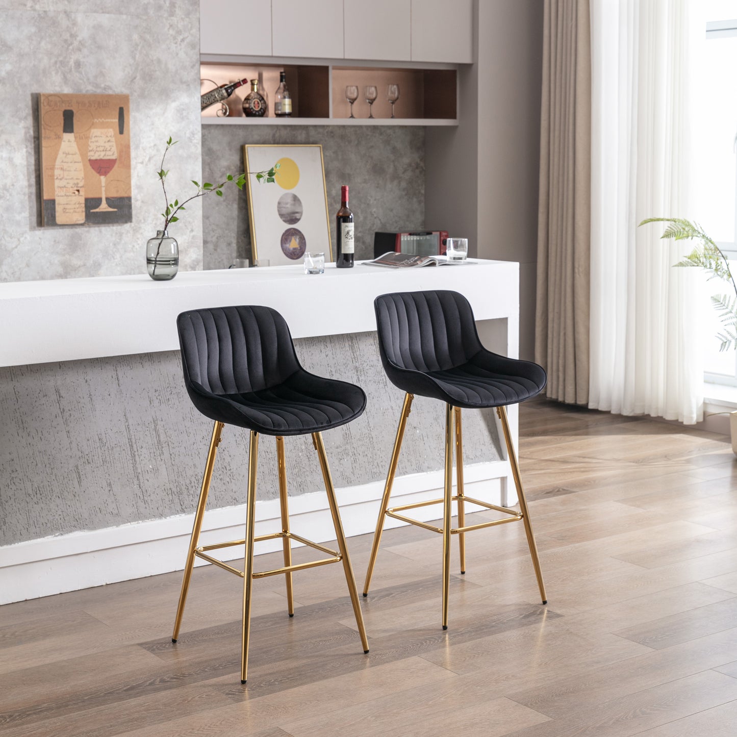 Lutre - Set of 2 - 30" Black Velvet Bar Stools with Gold Legs and Chrome Footrest