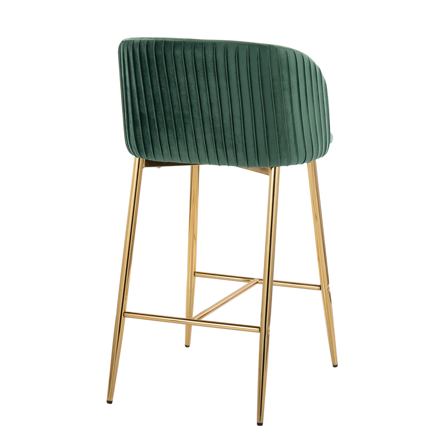 Fulton - Set of 2 - 24" Green Velvet Pleated Counter Stools with Gold Metal Base Modern Glam Design