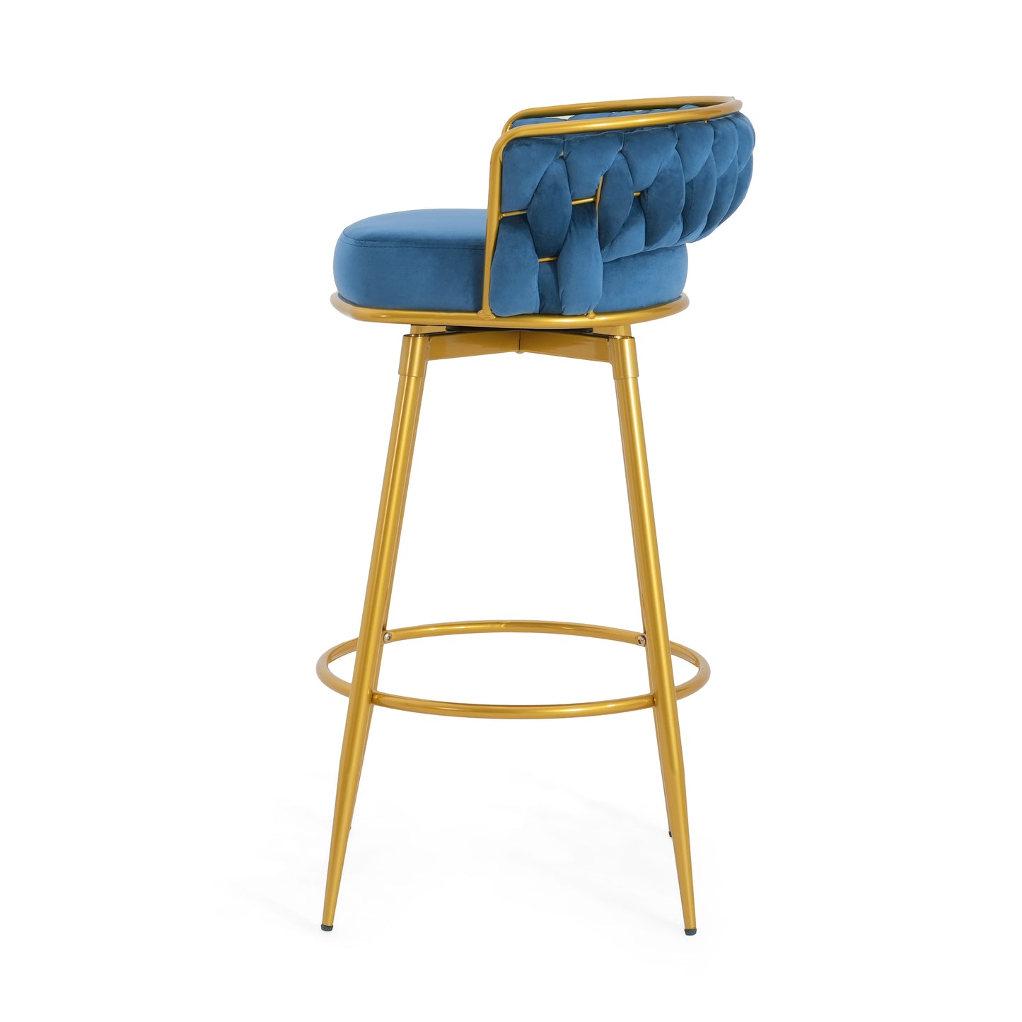 Lyma - Set of 2 - 30" Swivel Counter Height Bar Stools with Hand-Woven Backrest & Gold Metal Legs, Upholstered Velvet Kitchen Chairs in Blue