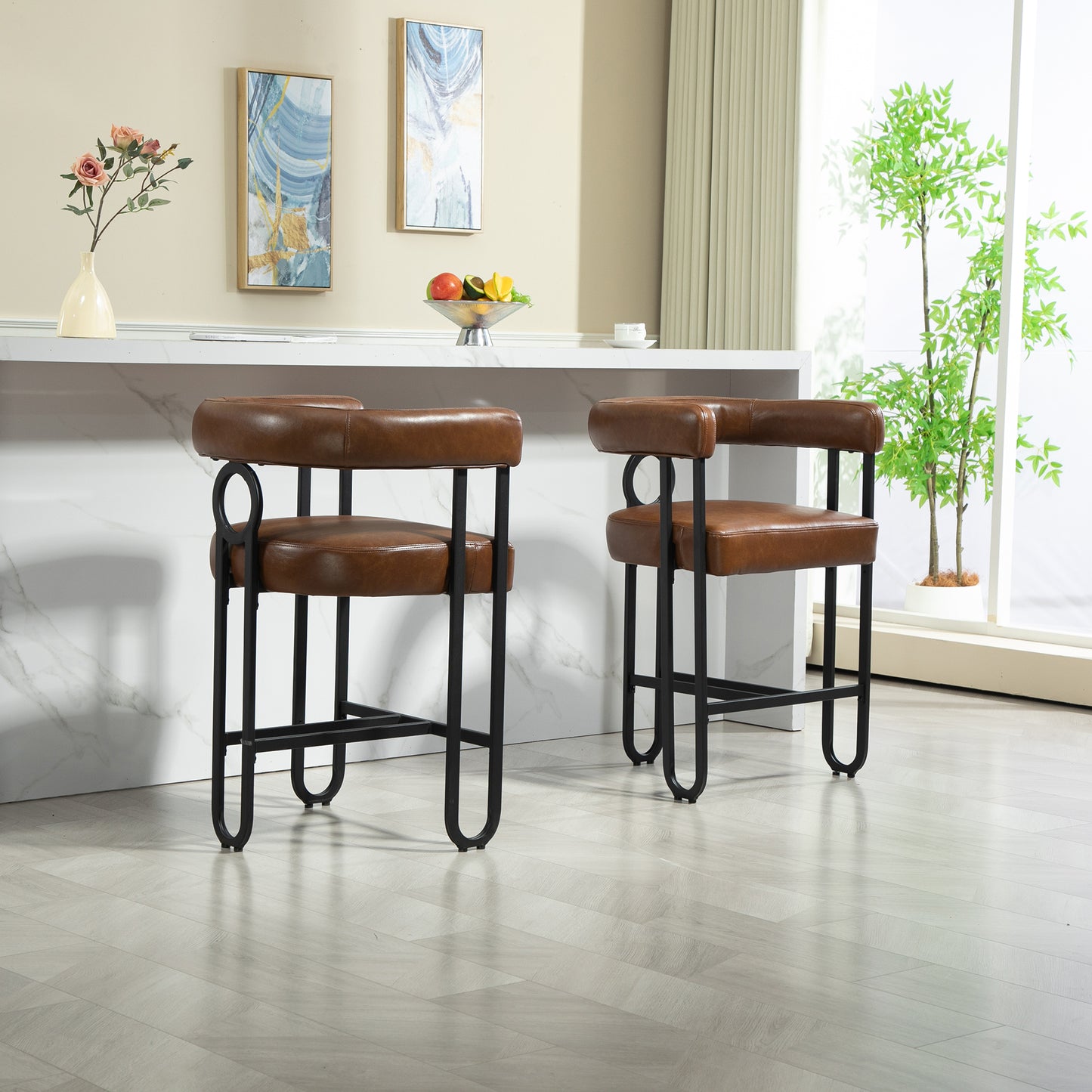 Harland - Set of 2 - 30" Light Brown Upholstered PU Bar Stools with Black Metal Frame and Modern Curved Backrest