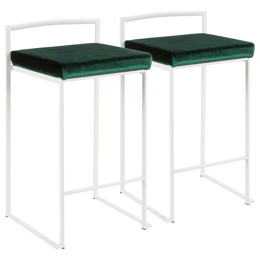 Liora - Set of 2 - 26" Stackable Counter Stools with White Frame & Green Velvet Cushions, High-Back Contemporary Design