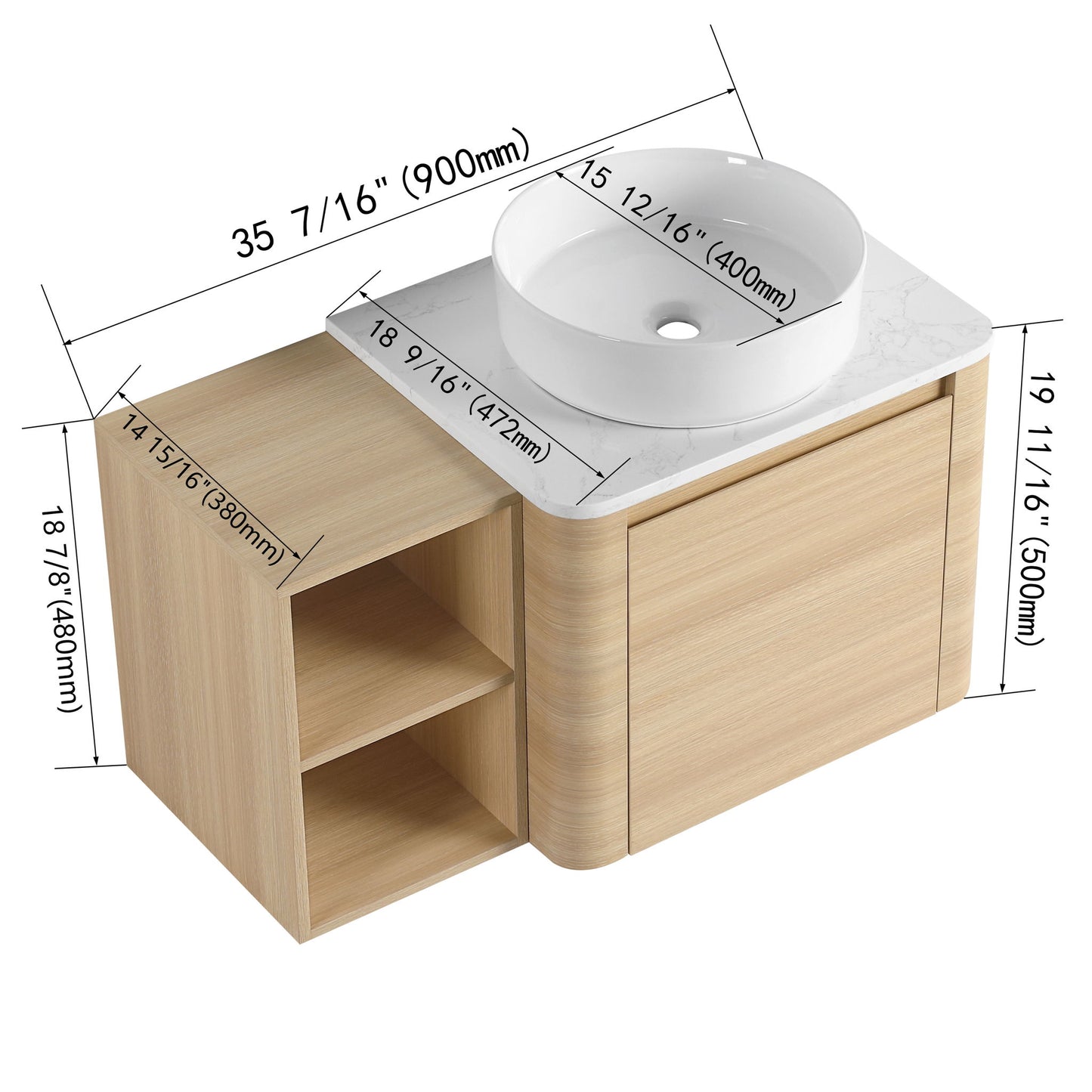 Mounted Bathroom Vanity With Art Sink, Storage Shelves, Soft Close Door