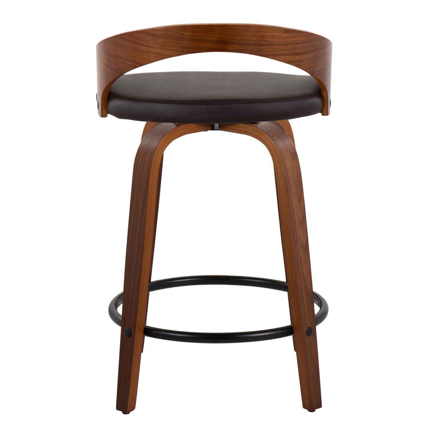 Gregor - Set of 2 - 24" Walnut Wood Mid-Century Modern Counter Stools with Brown Faux Leather and Swivel