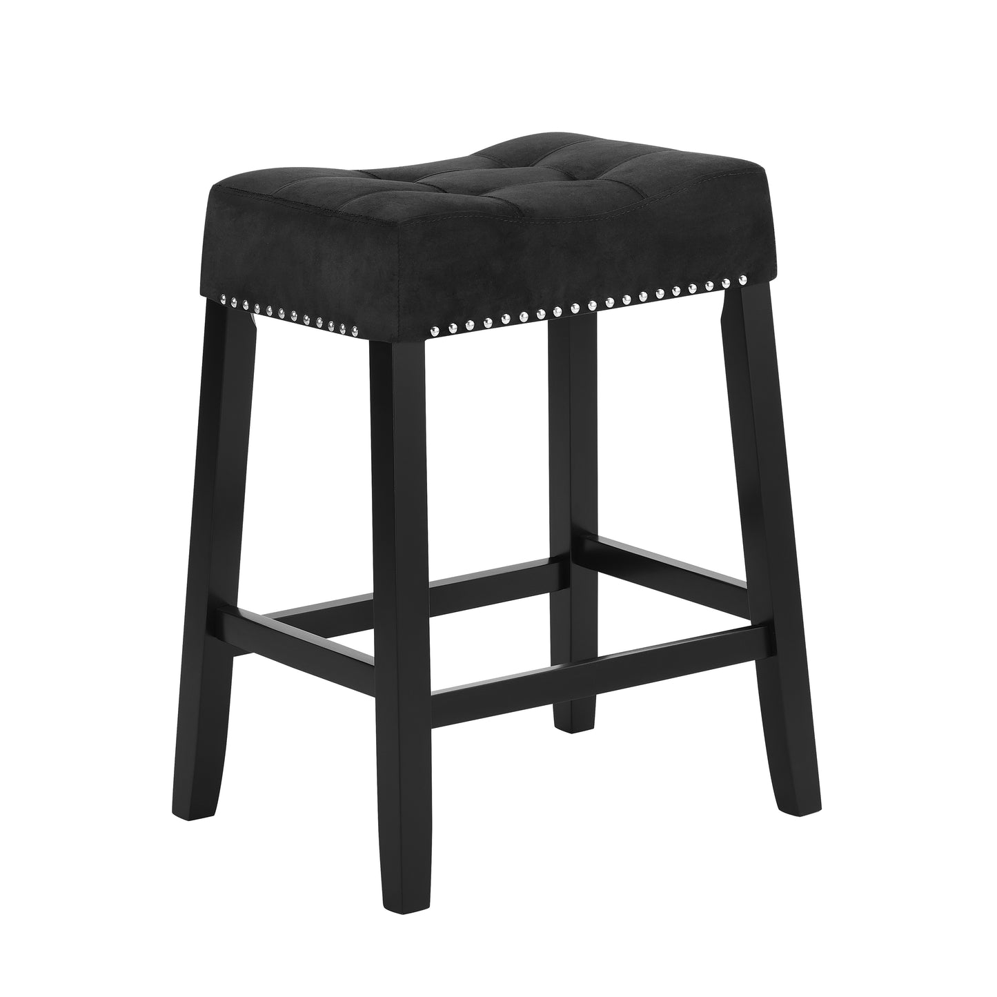 Vera - Set of 2 - 27" Black Velvet Saddle Counter Stools with Tufted Upholstered Seat, Nail-Head Trim, and Durable Wood Legs