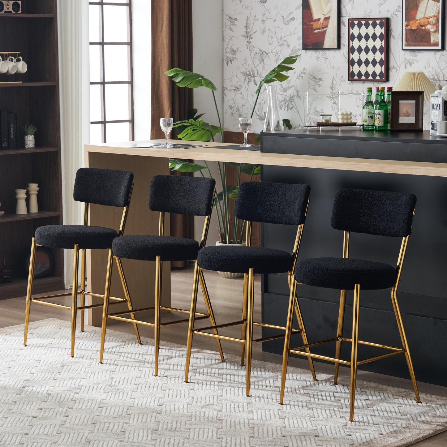 Nashford - Set of 2 - 25" Black Bar Stools with Modern Teddy Fabric Upholstery and Metal Base for Kitchen & Dining