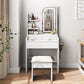 Fashion Vanity Desk With Mirror And Lights For Makeup, Hair Dryer Holder And Chair, Adjustable Lighting - White
