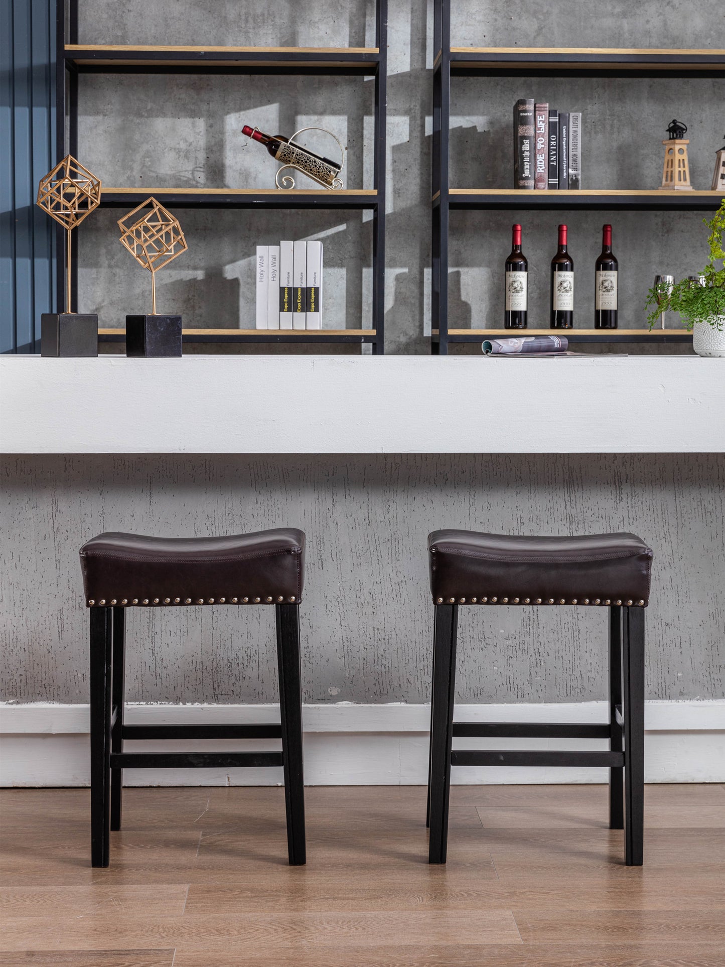 Hamiltonian - Set of 2 - 26" Counter Height Bar Stools - Backless Brown Faux Leather Farmhouse Kitchen Island Chairs