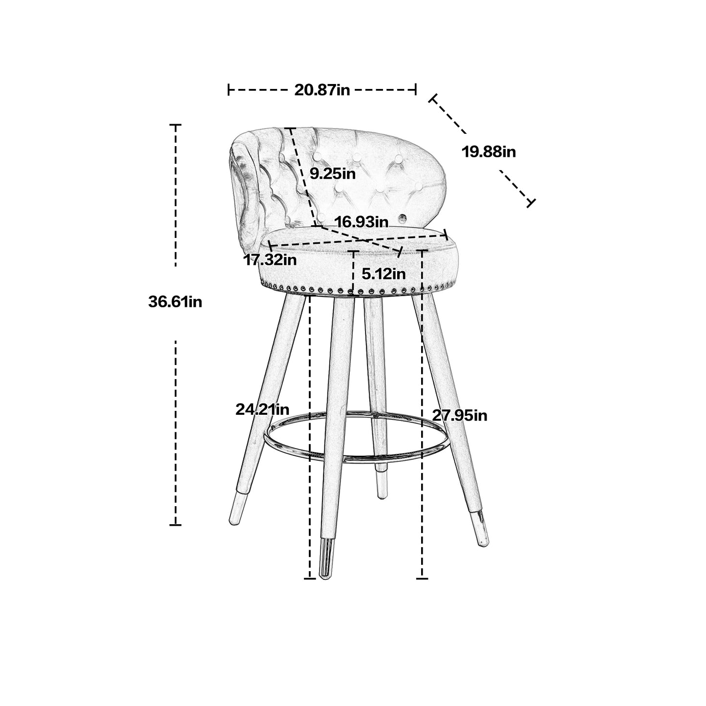 Monale - Set of 2 - 28" Counter Height Bar Stools with Beige Velvet Upholstery, 360° Swivel Seat, Backrest, Footrest, and Solid Wood Legs in Retro Style