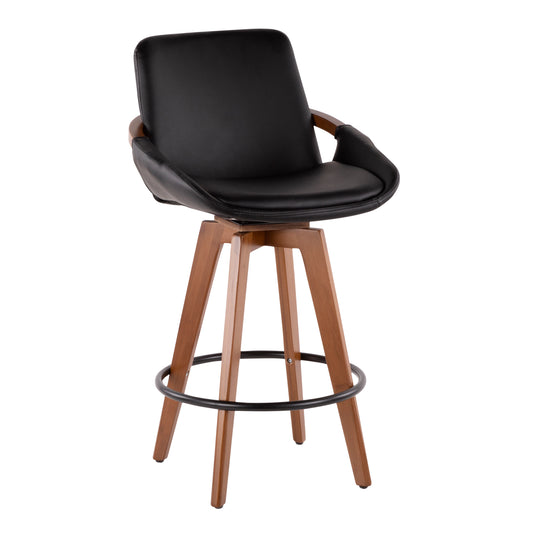 Cirral - Set of 2 - 26" Mid-Century Walnut and Black Faux Leather Counter Stools