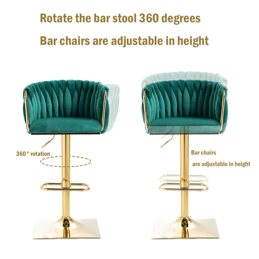 Harstone - Set of 2 - 26" Adjustable Counter Height Emerald Green Velvet Vintage Bar Stools with Silver Metal Legs