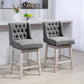 Hezek - Set of 2 - 27" Gray Swivel Bar Stools with Button Tufted Back & Solid Rubberwood Footrests, Counter Height