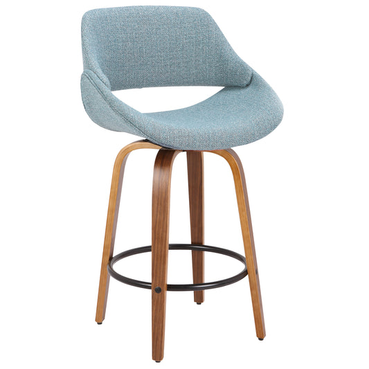 Stasia - Set of 2 - 24" Mid-Century Walnut and Blue Fabric Counter Stool