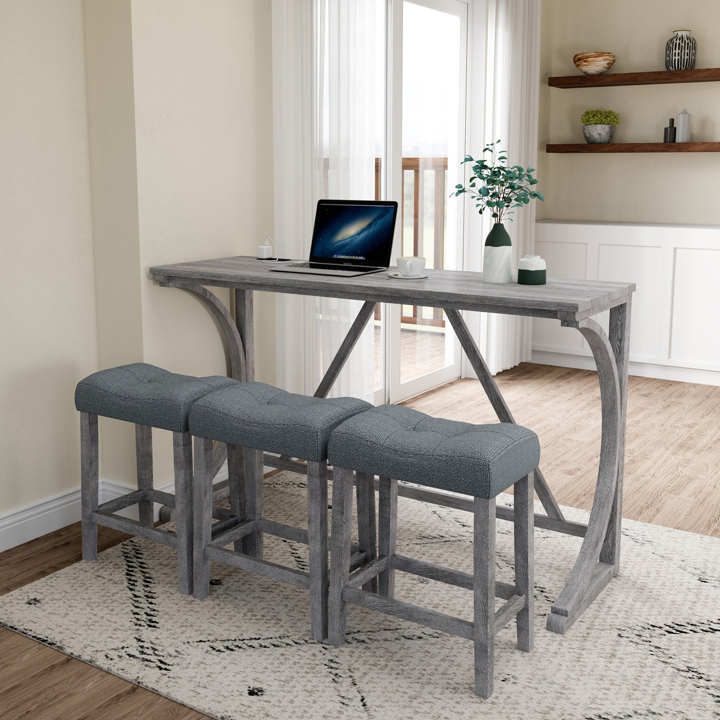 Hadden - Set of 4 - 30” Gray Industrial Bar Table Set with Power Outlet, 3 Stools, Solid Wood + MDF - Dining, Game, or Living Room, 59” x 19” x 36”