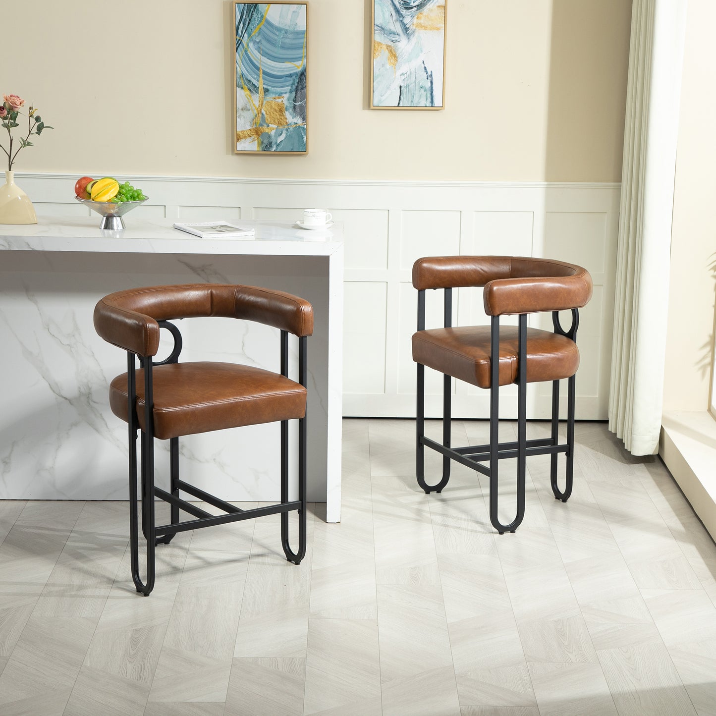 Harland - Set of 2 - 30" Light Brown Upholstered PU Bar Stools with Black Metal Frame and Modern Curved Backrest