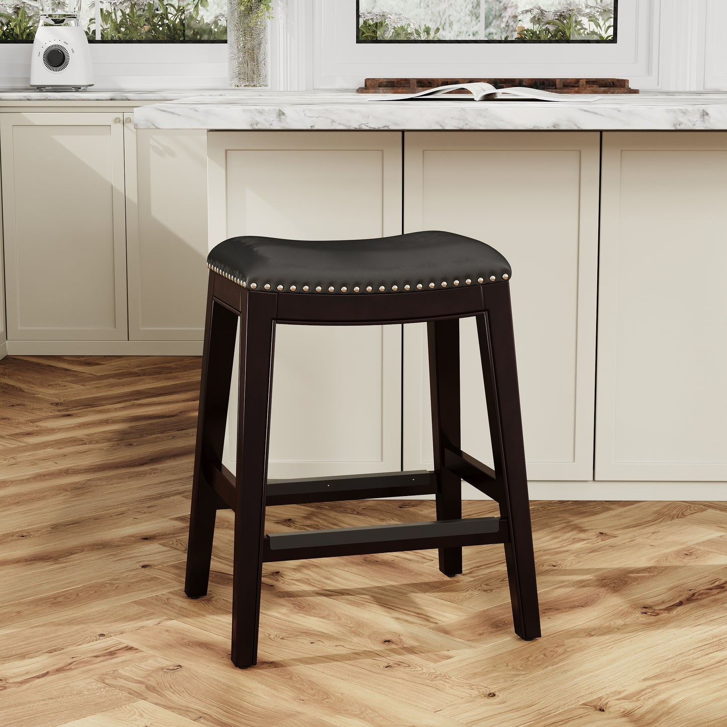 Holly - Set of 2 - 24" Espresso Counter Stools with Black Leather Seat & High Back