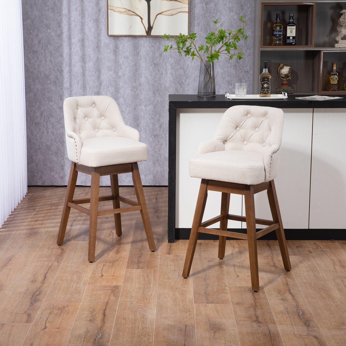 Hearth - Set of 2 - 29" Beige Linen Swivel Bar Stools with High Back and Solid Wood Legs