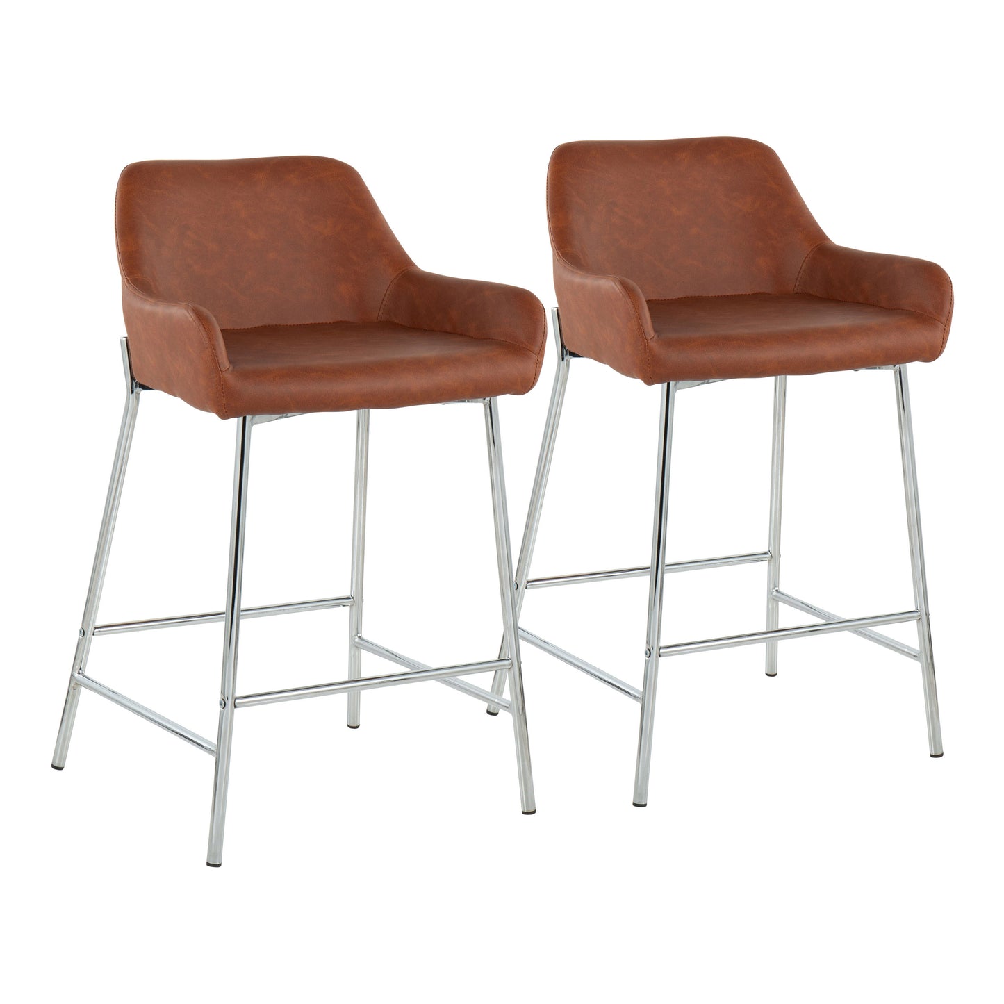 ZenithGold – Set of 2 – 26" Chrome Metal Counter Stools in Camel Faux Leather with Padded Seat