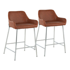 ZenithGold – Set of 2 – 26" Chrome Metal Counter Stools in Camel Faux Leather with Padded Seat