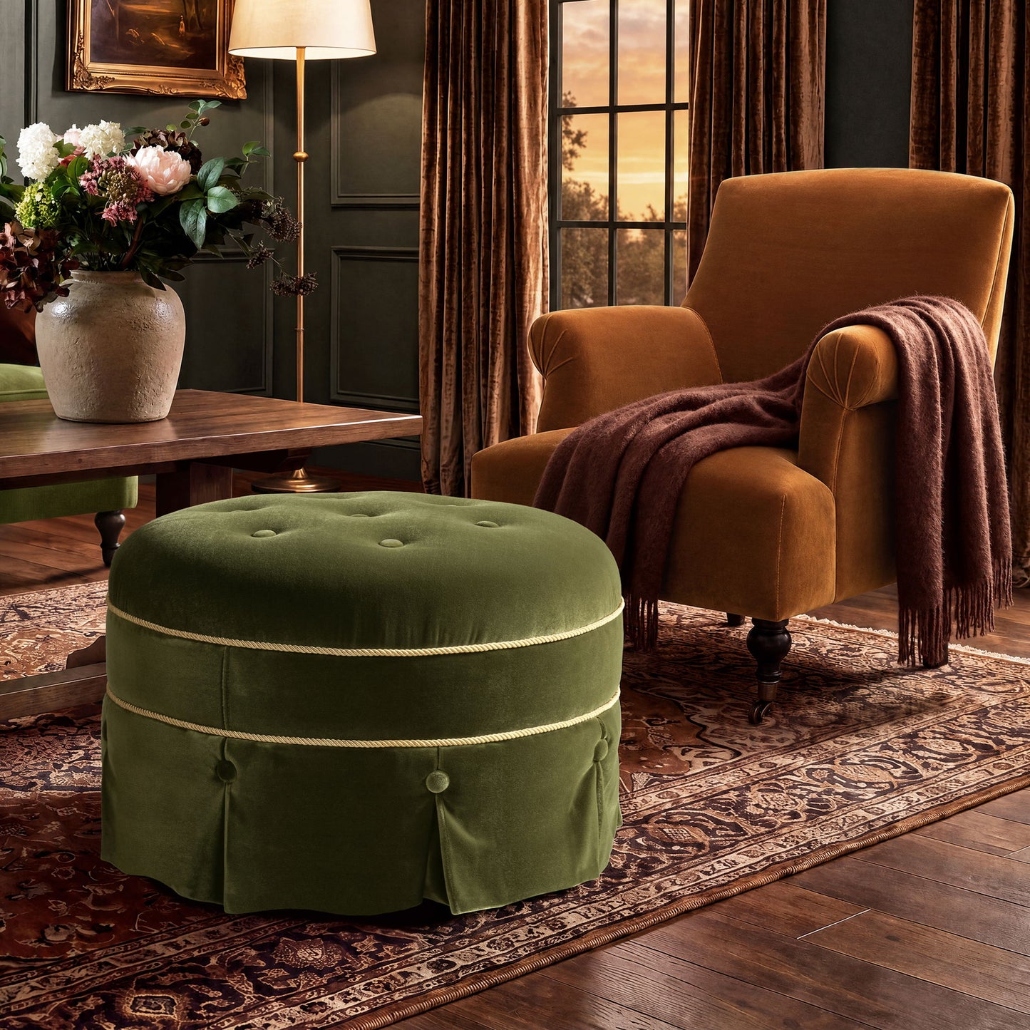 Maribel - Round Accent Ottoman - Olive Green
