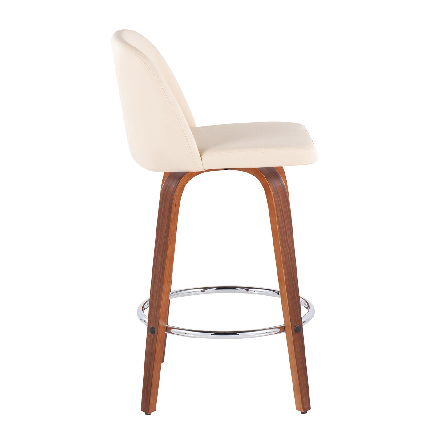 Walden - Set of 2 - 24" Cream Faux Leather Counter Stools with Walnut Wood Base and Chrome Footrest