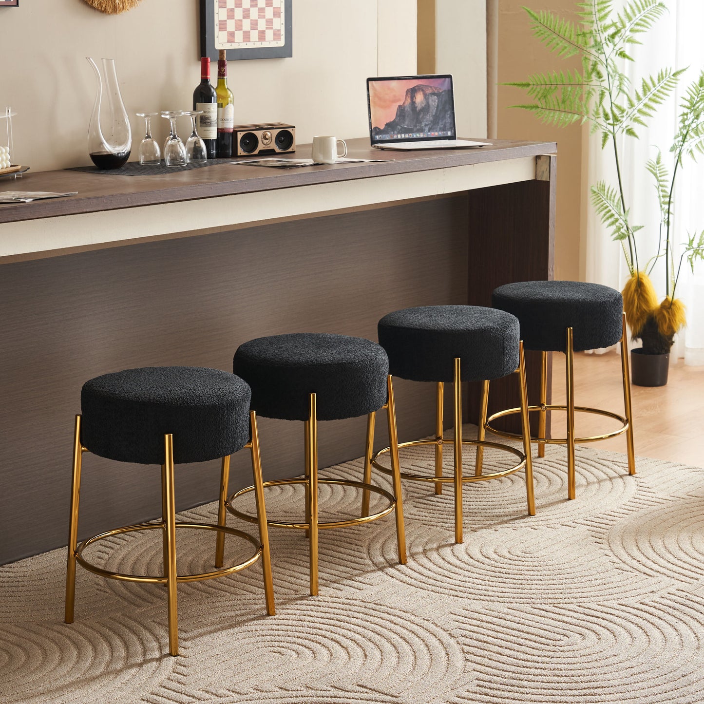 Omnira - Set of 2 - 24" Black Upholstered Round Bar Stools with Non-Slip Feet and Minimalist Design