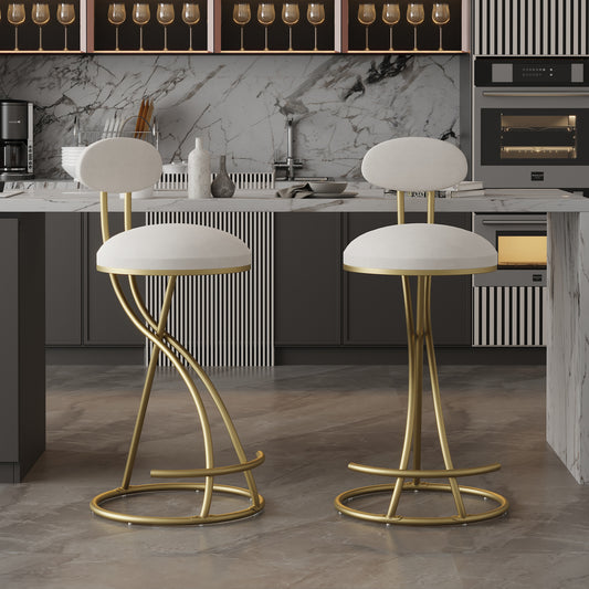 Solivon – Set of 2 – 29" Creamy White Velvet Bar Stools with Gold Frame, Backrest, and Round Seat