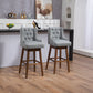 Eric - Set of 2 - 30" Gray Linen Swivel Bar Stools with Button-Tufted Backrest, Solid Wood Legs, Seat Height