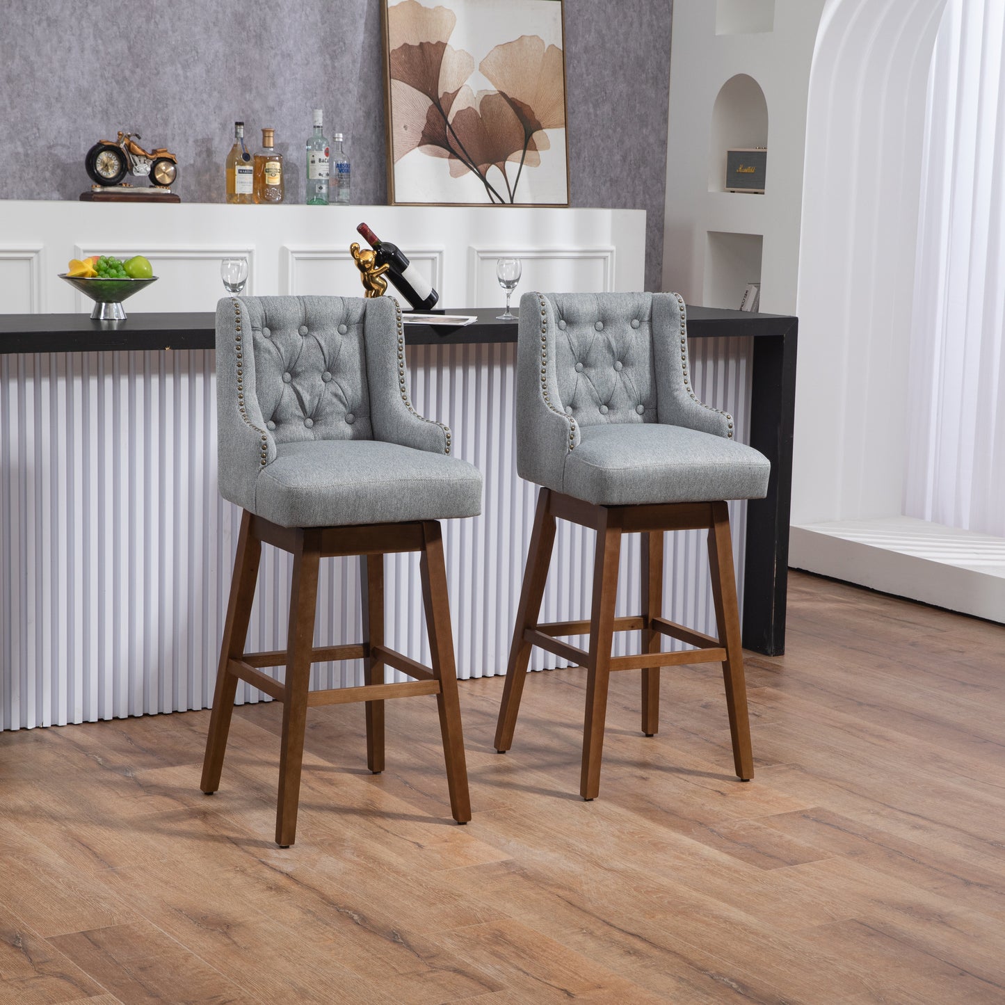 Eric - Set of 2 - 30" Gray Linen Swivel Bar Stools with Button-Tufted Backrest, Solid Wood Legs, Seat Height