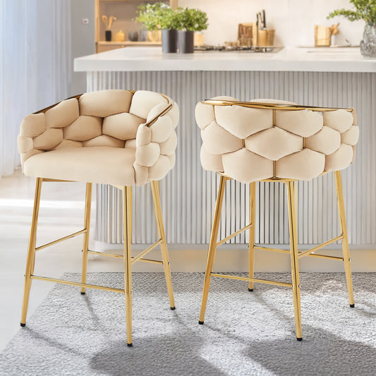 Kobe - Set of 2 - 26" Natural Swivel Counter Stools with Tufted Back, Seat, and Polished Silver Footrest