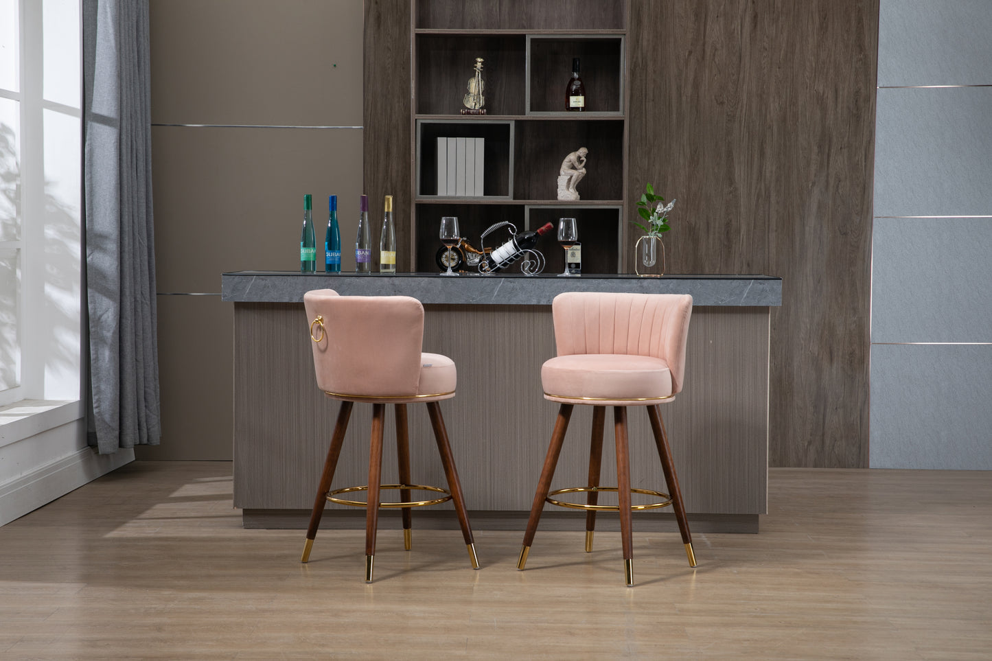 Lavantro - Set of 2 -28" Counter Height Handcrafted Swivel Bar Stools with Pink Fabric, Solid Wood Legs & 360° Rotation - Vintage Retro Design