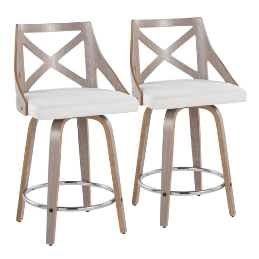 Aureliah - Set of 2 - 27" Swivel Counter Stools with Light Grey Wood, Cream Fabric, and Chrome Footrest