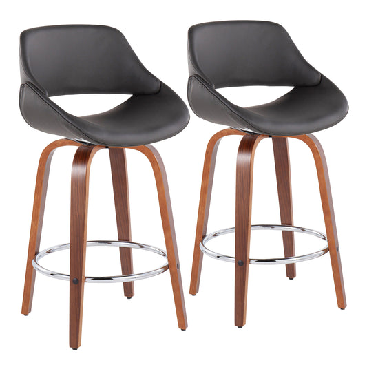 Zazoodle - Set of 2 - 24" Grey Faux Leather Mid-Century Counter Stools with Walnut Swivel Legs and Chrome Footrest