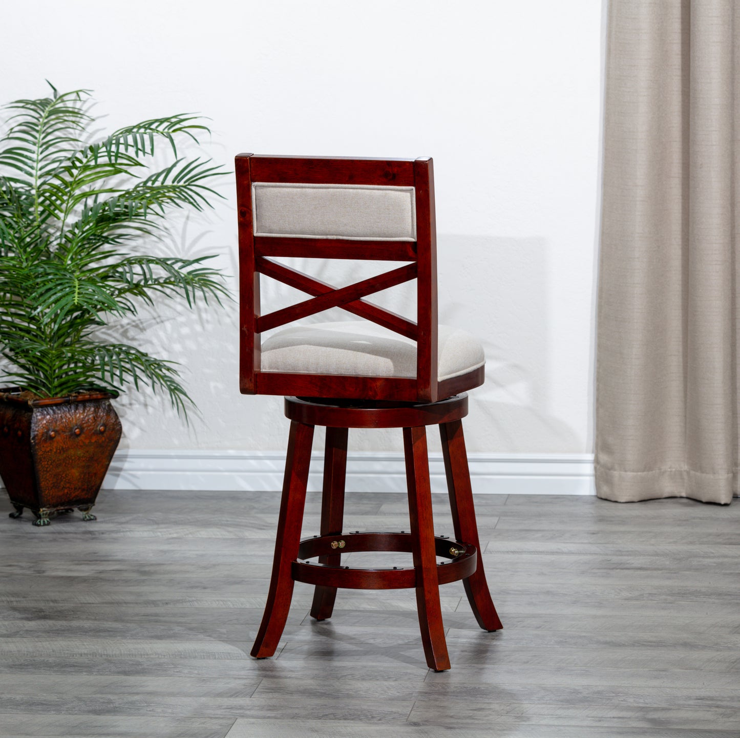 Salina - Set of 2 - 24" Counter Height X-Back Swivel Stools - Cherry Finish & Beige Upholstered Seat