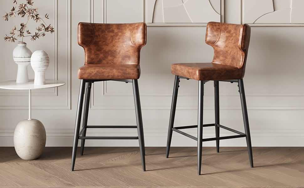 Monice - Set of 2 - 28" Counter Height Bar Stools with Brown Upholstered Polyurethane Leather Seat, Metal Frame, and Footrest for Kitchen Island or Bar Table