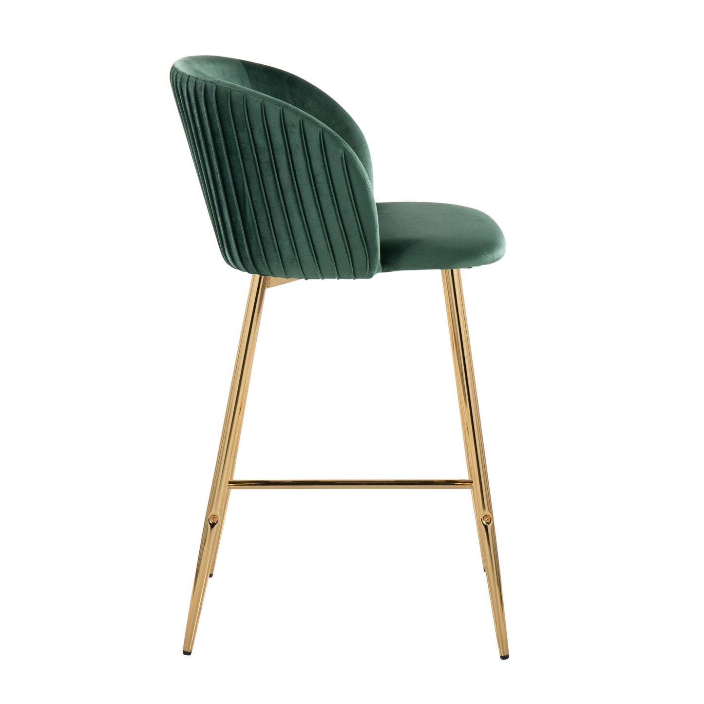 Fulton - Set of 2 - 24" Green Velvet Pleated Counter Stools with Gold Metal Base Modern Glam Design