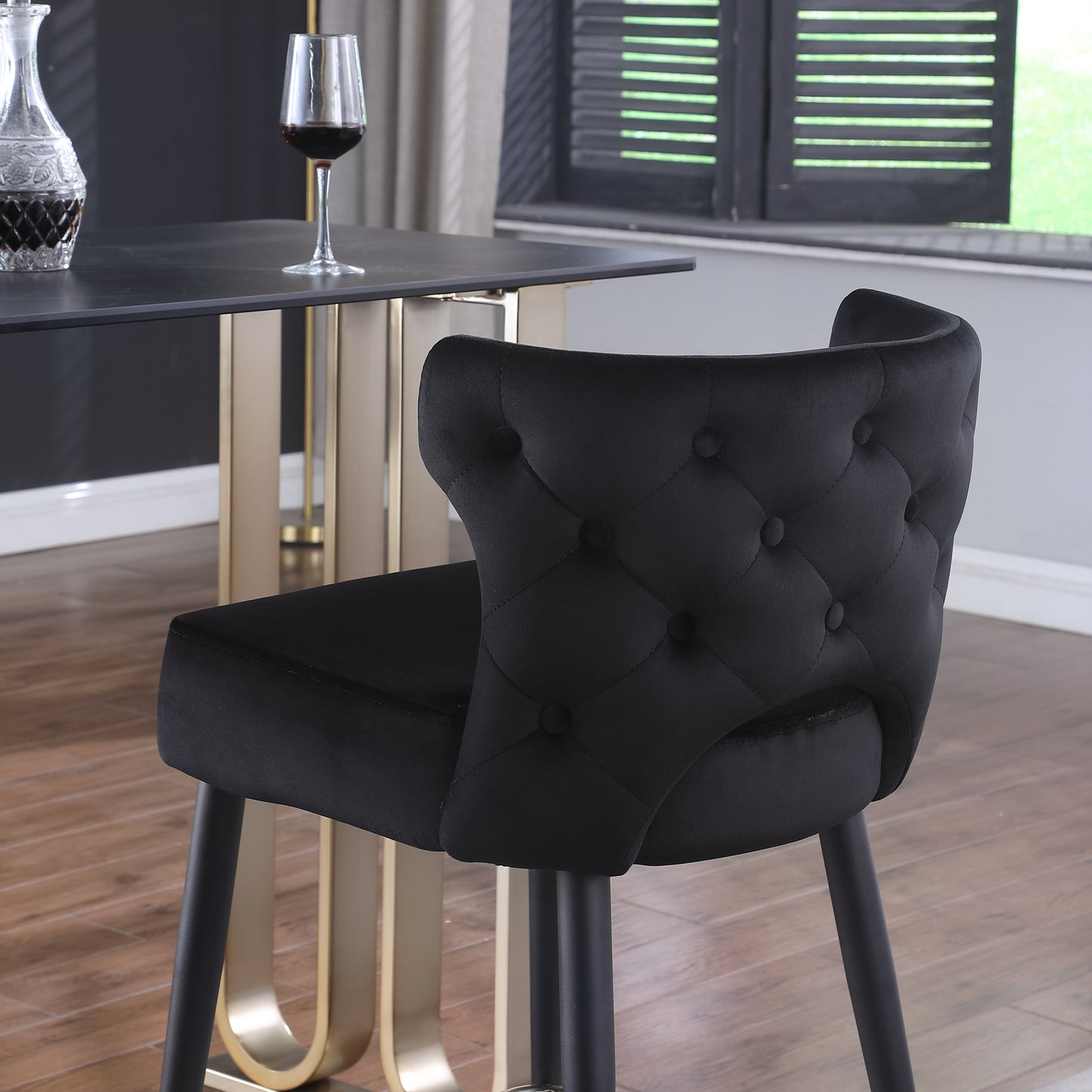 Henley - Set of 2 - 28" Black Velvet Counter Height Stools with Gold-Tipped Metal Legs