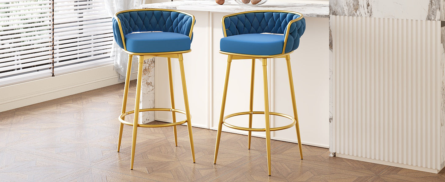 Lyma - Set of 2 - 30" Swivel Counter Height Bar Stools with Hand-Woven Backrest & Gold Metal Legs, Upholstered Velvet Kitchen Chairs in Blue