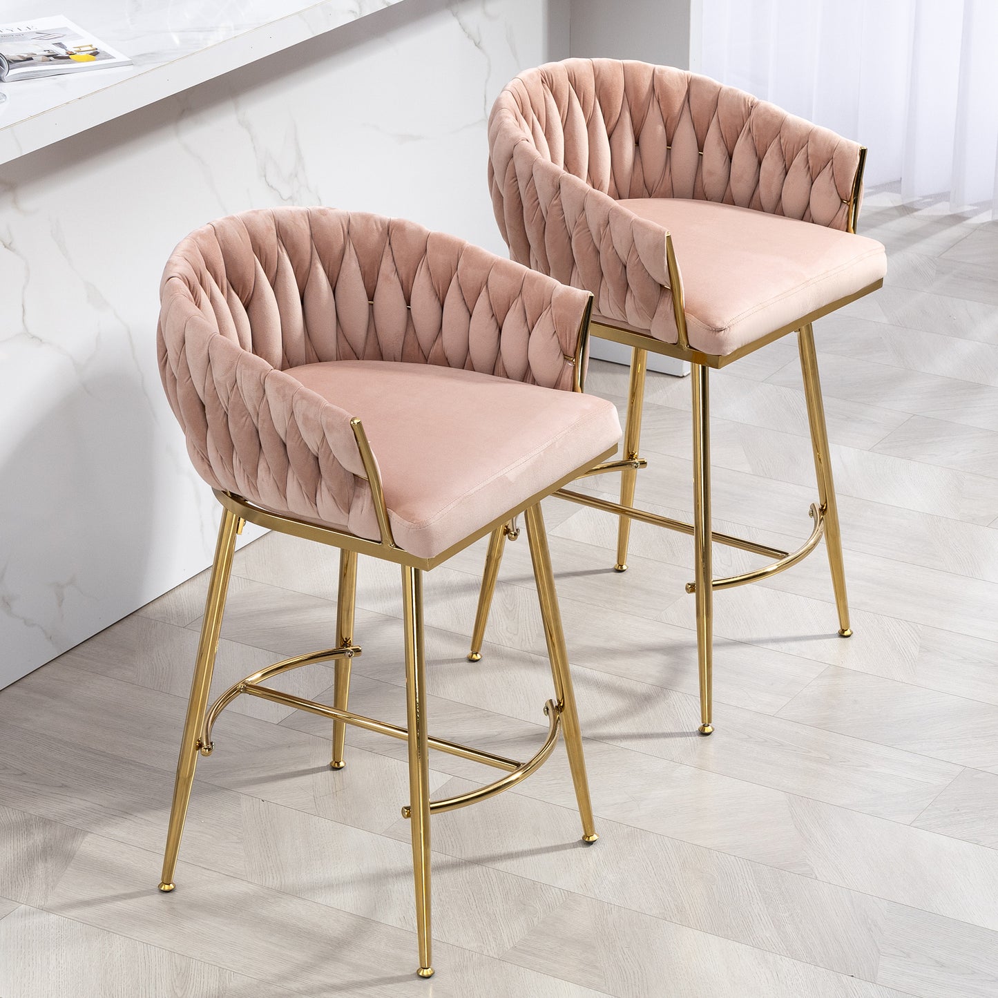 Calista - Set of 2 - 26" Pink Velvet Counter Height Bar Stools with Hand-Wave Back, Golden Chrome Base, and Footrest