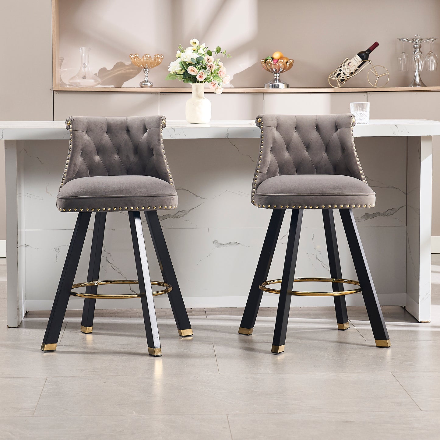 Evra - Set of 2 - Dark Gray Velvet Bar Stools with 360° Swivel, Rivet Detailing, and 26" Seat Height