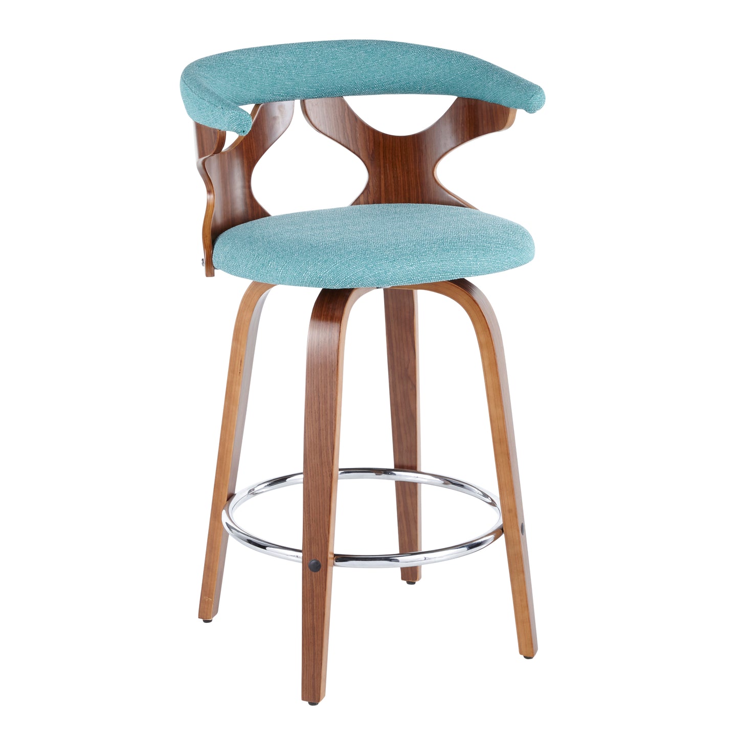 Gaylen - Set of 2 - 20" Walnut Mid-Century Modern Counter Stools with Teal Upholstered Swivel Seats