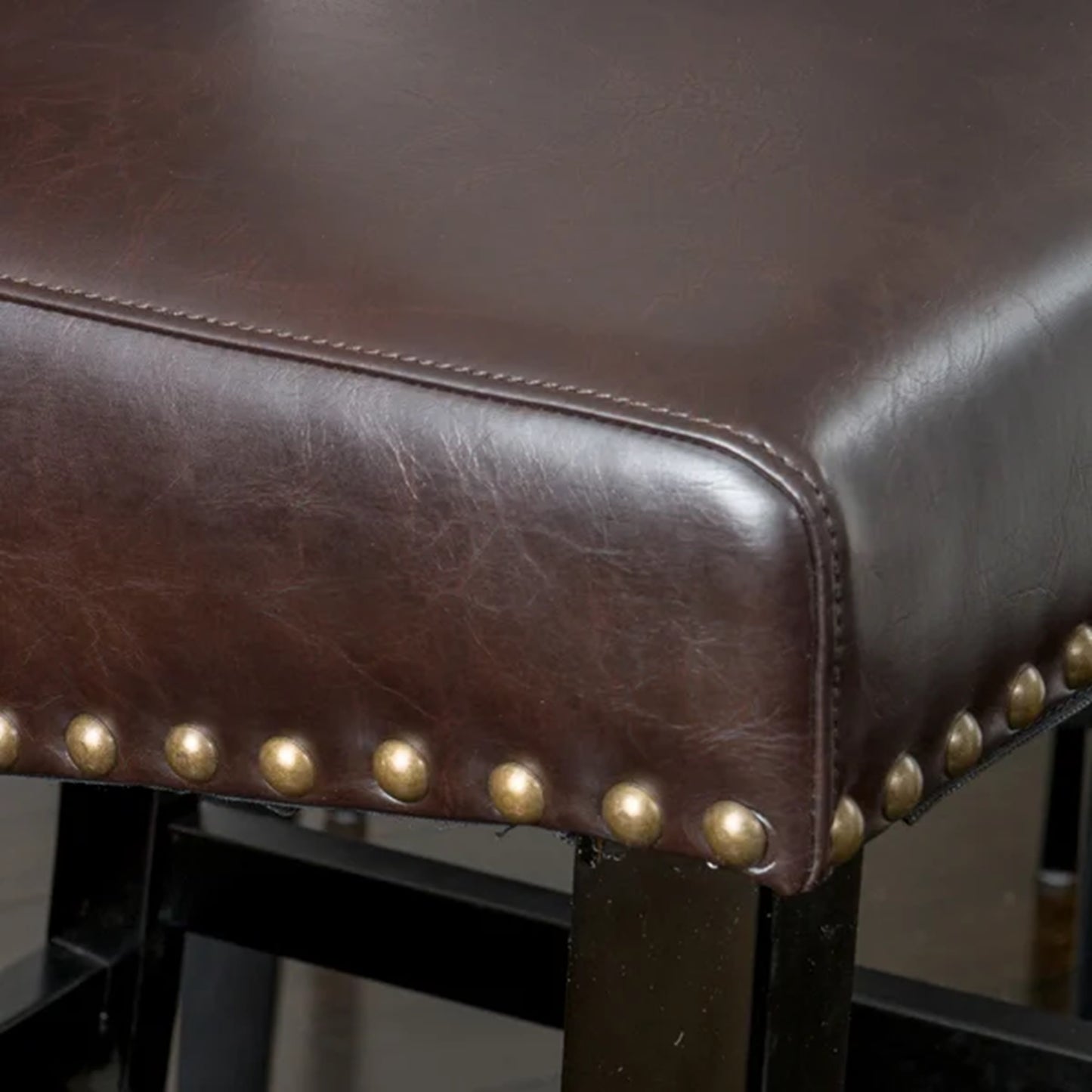 Harlan - Set of 2 - 24" Brown PU Leather Counter Stools with Gold Rivets and Black Rubberwood Legs