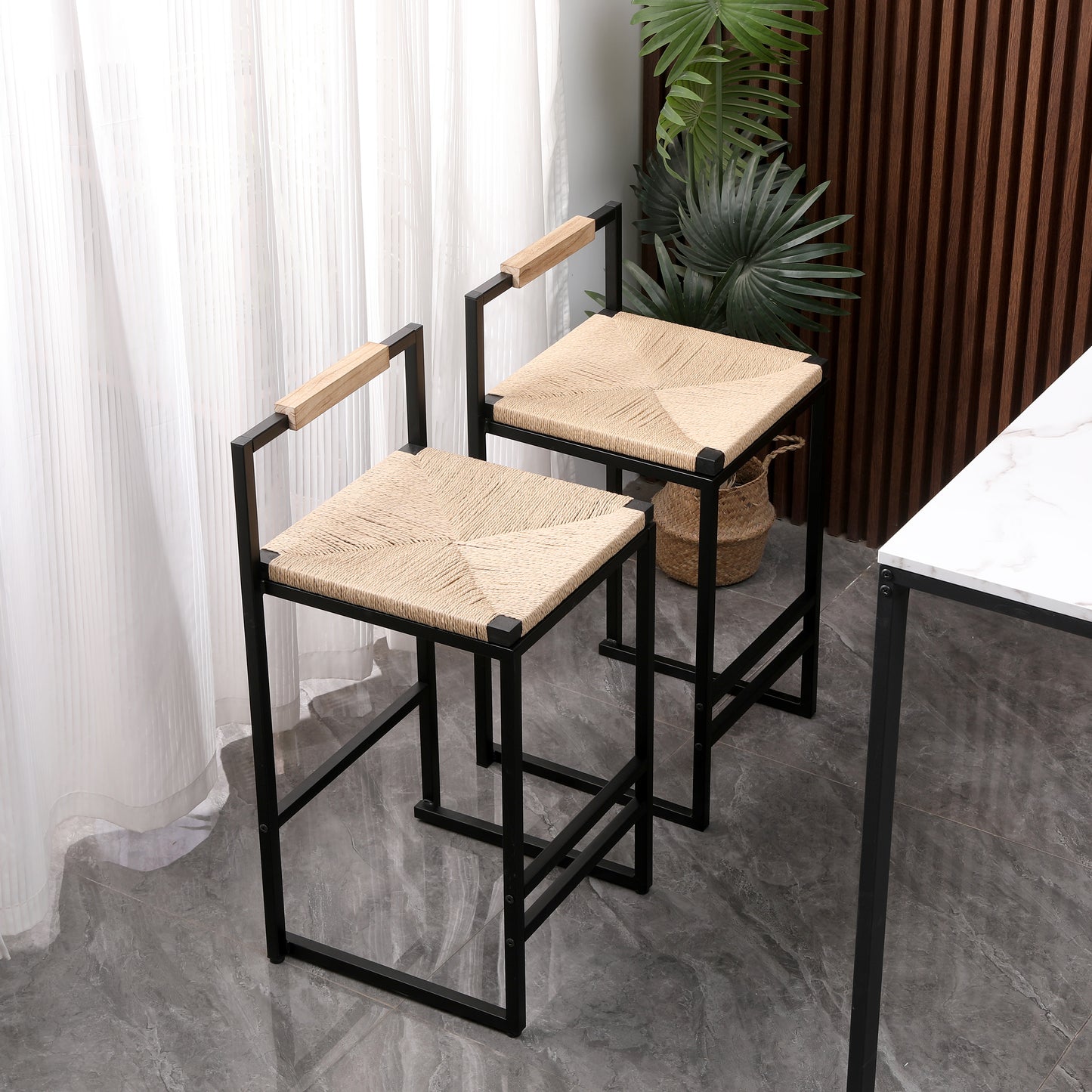 Lysynn - Set of 2 - 24" Natural Paper Rope Woven Counter Stools with Metal Frame & Backrest