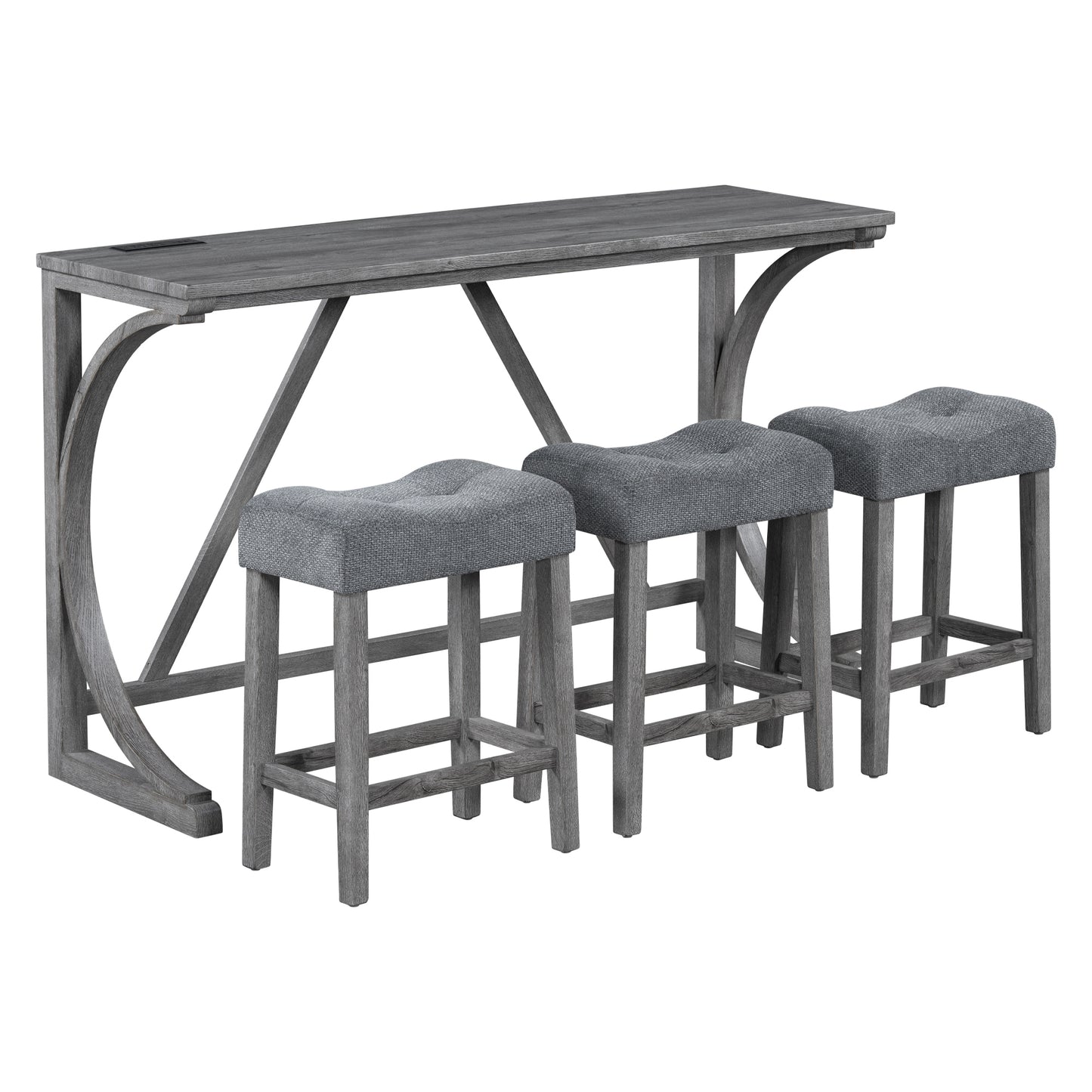 Hadden - Set of 4 - 30” Gray Industrial Bar Table Set with Power Outlet, 3 Stools, Solid Wood + MDF - Dining, Game, or Living Room, 59” x 19” x 36”