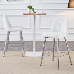 Arc - Set of 2 - 27" White PolyUrethane Leather Bar Stools with Silver Cross-Leg Reinforcement